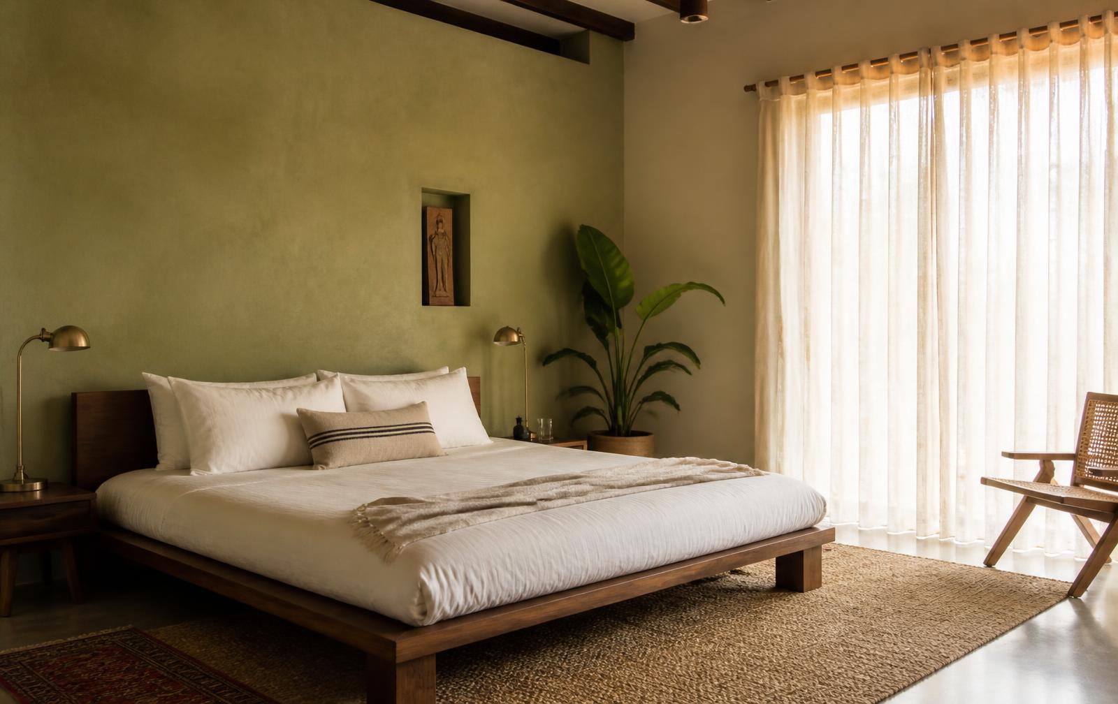 Bedroom with a low teak bed, lime plaster wall and sheer morning light