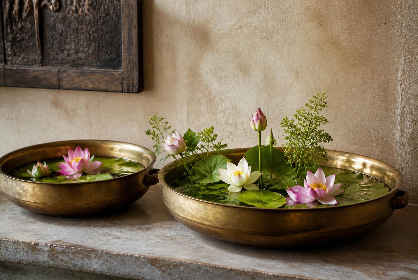 Brass urlis holding lotus and foliage on a stone counter