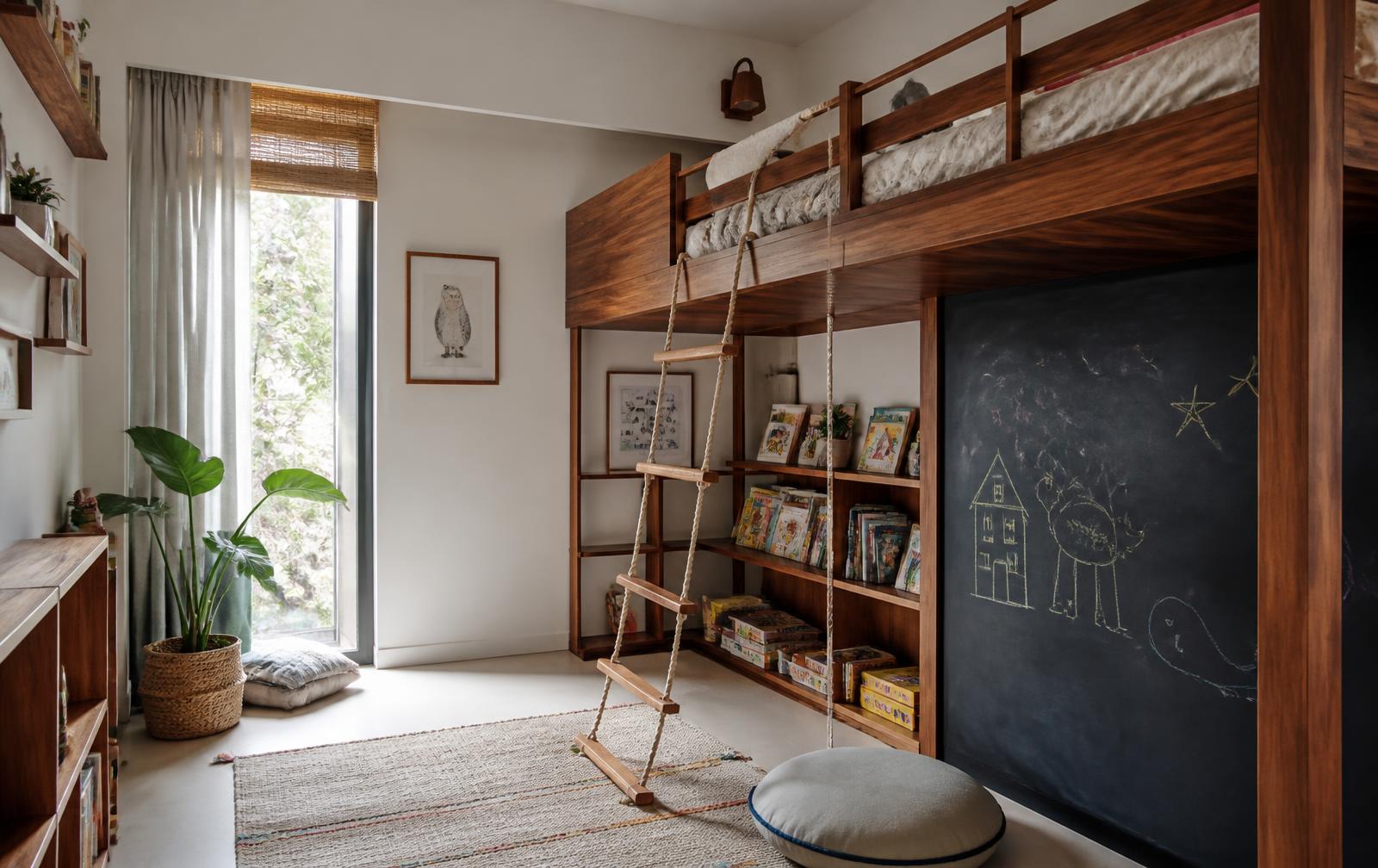 Children's room with a timber loft bed, books and a chalk wall