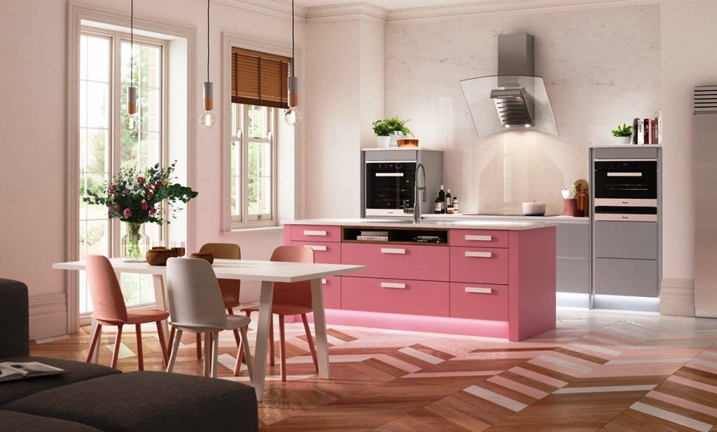 pink kitchen, wood works, shhoonya